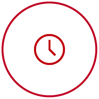 Rote Linienzeichnung einer Uhr mit Minuten- und Stundenzeiger in einem roten Kreis